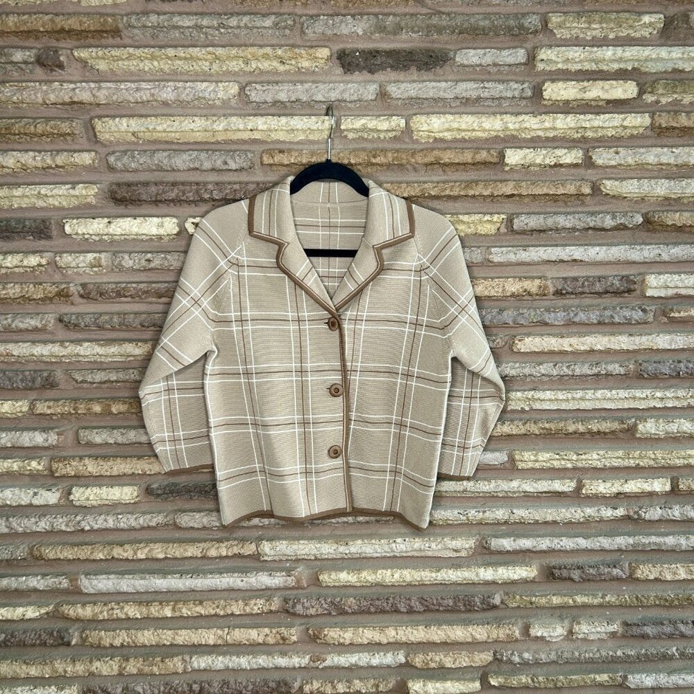 Vintage 50s Tan Cardigan Sweater Boxy Wool Double Knit Windowpane Plaid Size 10 - Picture 7 of 7